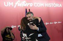 Pedro Nuno Santos after addressing his supporters following his election as the new leader of the Portuguese Socialist Party, at the party's headquarters in Lisbon on Sunday. 