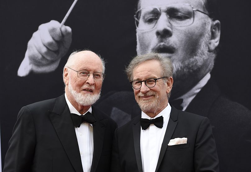 Composer John Williams, left, and director Steven Spielberg pose together at the 2016 AFI Life Achievement Award Gala Tribute to John Williams