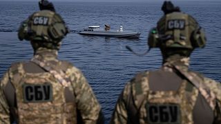A new released Sea Baby drone "Avdiivka" rides on the water during the presentation by Ukraine's Security Service in Kyiv region, Ukraine, on Tuesday, March 5, 2024. 