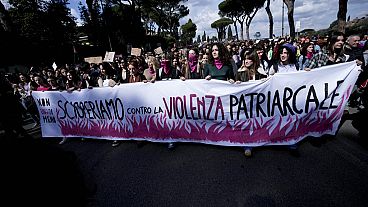 Women hold a banner reading in Italian "We strike against patriarchal violence" during a march to mark International Women's Day in Rome on Friday 8 March 2024. Marches.