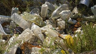 Plastic bottles and other garbage are seen next to a beach at Fiumicino, Italy.