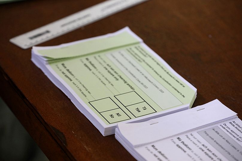 Unmarked voting forms in two languages, English and Irish, for a referendum on the proposed changes to the wording of the Constitution.
