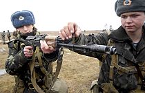 Ukrainian army soldiers seen during a military training outside Zhytomir, 140 km (87 mile) east of the Ukrainian capital Kiev, Tuesday, Feb. 6, 2007.