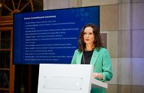 Norwegian foreign ministry state secretary Maria Varteressian speaks at a Belgian government event to promote the United Nations' new High Seas Treaty on biodiversity.