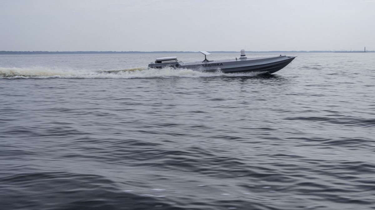 A new released Sea Baby drone "Avdiivka" rides on the water during the presentation by Ukraine's Security Service in Kyiv region, Ukraine, on Tuesday, March 5, 2024.