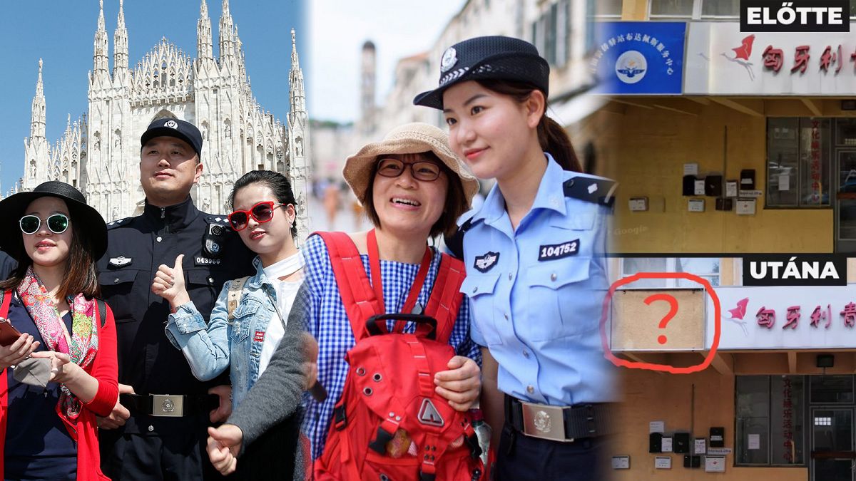 Kínai rendőr a milánói Dóm előtt, Dubrovnikban, és a budapesti kínai rendőrőrs eltüntetett táblája