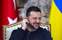 Ukrainian President Volodymyr Zelenskyy smiles during a joint news conference with Turkish President Recep Tayyip Erdogan in Istanbul, Turkey, Friday, March 8, 2024. 