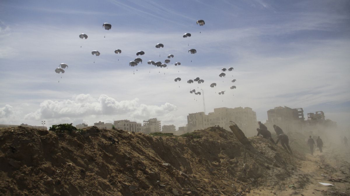 United States Air Force drops humanitarian aid to Palestinians in Gaza City, Gaza Strip, on Saturday, March 9, 2024.