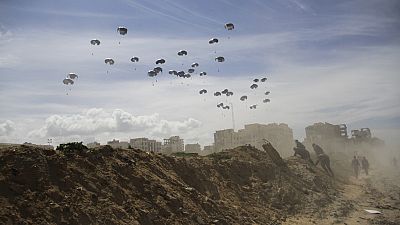 United States Air Force drops humanitarian aid to Palestinians in Gaza City, Gaza Strip, on Saturday, 9 March, 2024.