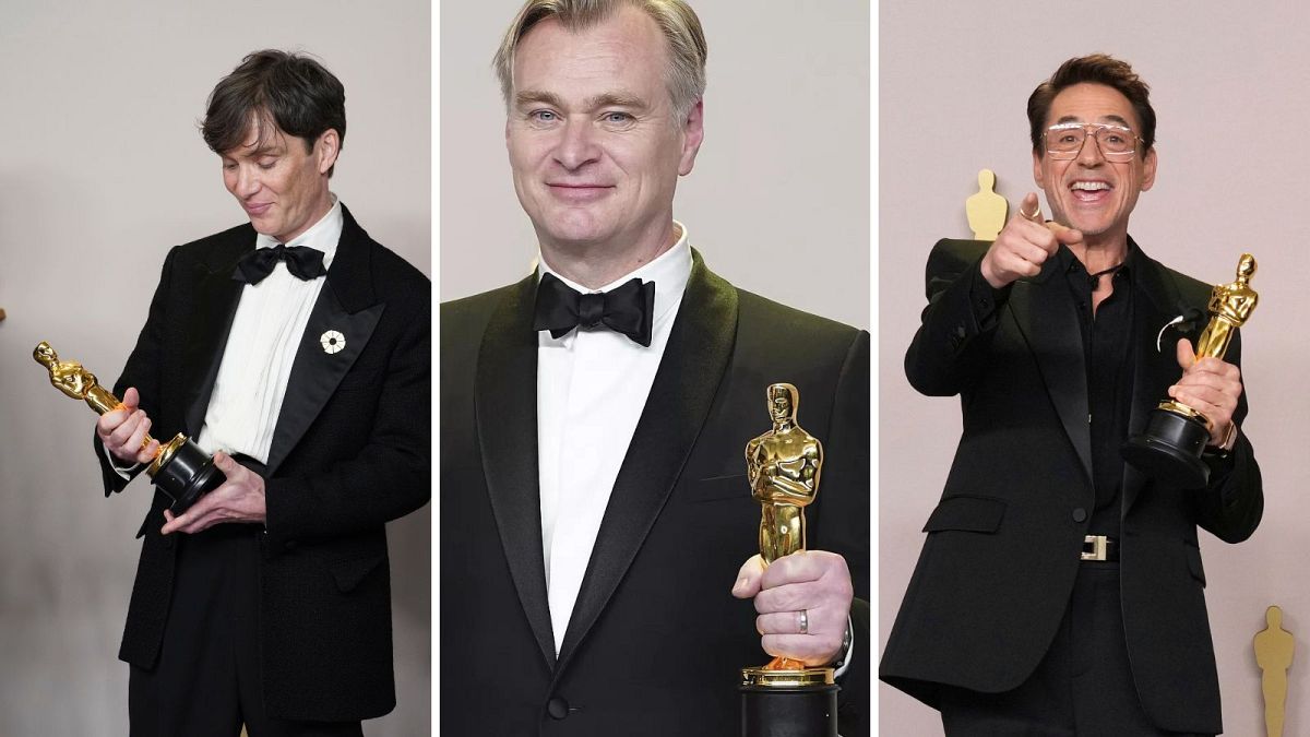 Oppenheimer vence em grande nos Óscares deste ano - a partir da esquerda: Cillian Murphy, Christopher Nolan, Robert Downey Jr.