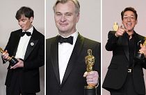 Oppenheimer vence em grande nos Óscares deste ano - a partir da esquerda: Cillian Murphy, Christopher Nolan, Robert Downey Jr.