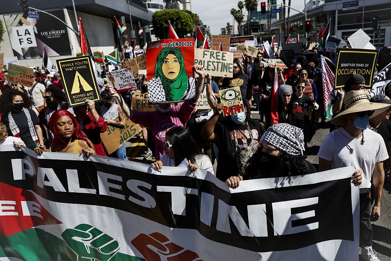 Protesters gather during a demonstration in support of Palestinians