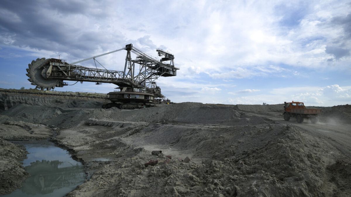 A coal excavator sits at Greece's largest mine outside the northern city of Kozani on Thursday, June 2, 2022.