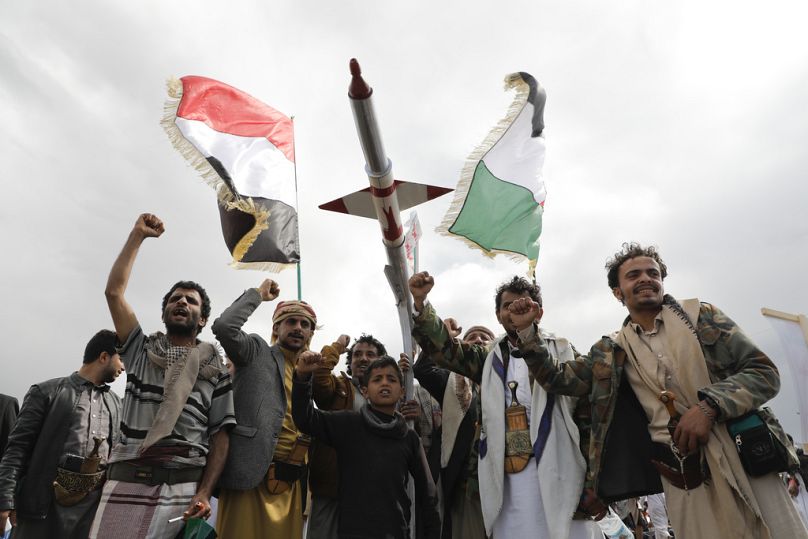 Houthi supporters attend a rally against the U.S. airstrikes on Yemen and the Israeli offensive against the Palestinians in Gaza SAtrip, in Sanaa, March 2024