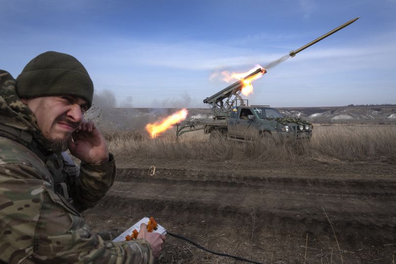 A Ukrainian officer from The 56th Separate Motorized Infantry Mariupol Brigade fires a multiple launch rocket system, near Bakhmut, March 2024