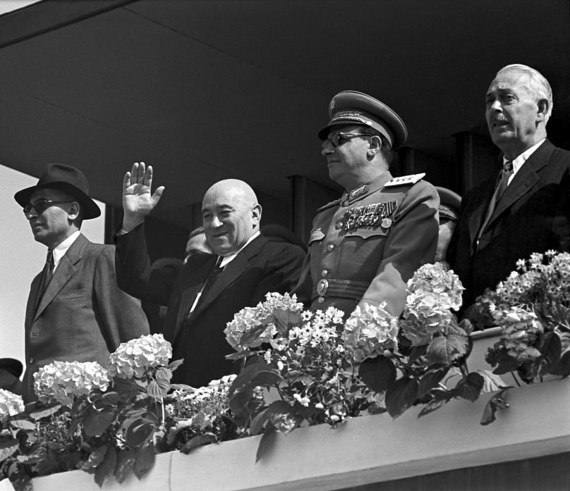 1952. május 1. - Gerő Ernő, Rákosi Mátyás, Farkas Mihály és Rónai Sándor a május elsejei felvonulás dísztribünjén