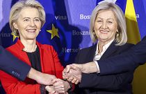 President of the Council of Ministers of Bosnia and Herzegovina Borjana Kristo, right, poses with the European Commission President Ursula von der Leyen, 