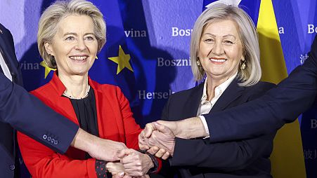 President of the Council of Ministers of Bosnia and Herzegovina Borjana Kristo, right, poses with the European Commission President Ursula von der Leyen, 