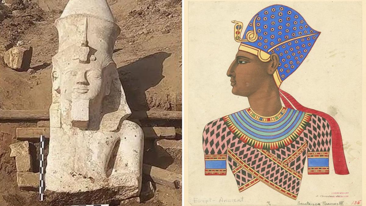 Fragmento de una estatua de piedra caliza de Ramsés II desenterrada por una misión arqueológica egipcio-estadounidense en El Ashmunein.