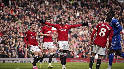 Manchester United's Marcus Rashford, centre, celebrates during a football match between Manchester United and Everton at the Old Trafford Stadium on Saturday 9 March 2024.