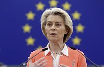 President of the European Commission Ursula von der Leyen delivers her speech as part of the preparation of the European Council meeting of March 21-22 2024.