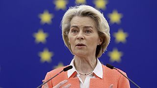 President of the European Commission Ursula von der Leyen delivers her speech as part of the preparation of the European Council meeting of March 21-22 2024.