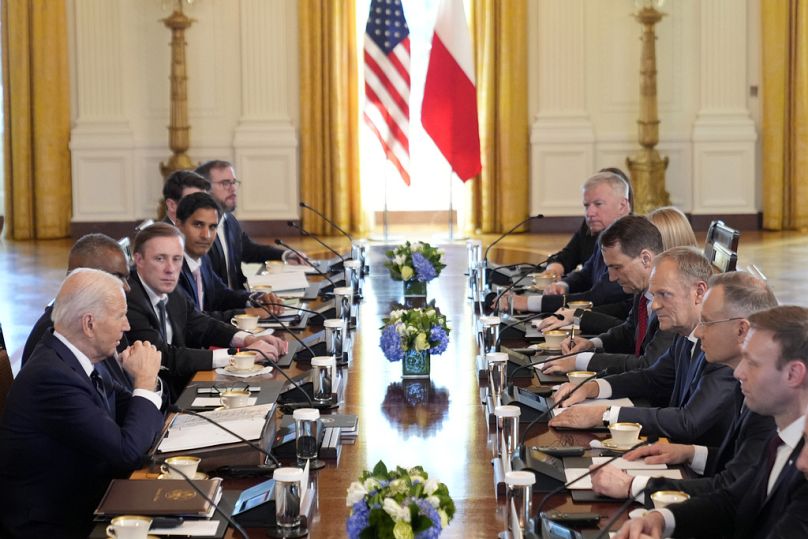 President Joe Biden meets with Polish President Andrzej Duda and Polish Prime Minister Donald Tusk in the East Room of the White Housr