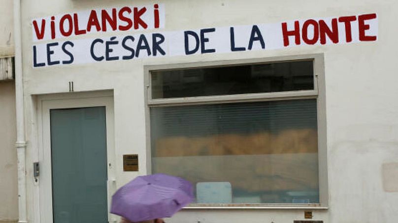 The Academie des Césars headquarters in France - the graffiti reads "Violanski, César awards of shame," playing on the French word for rape – "viol" – and Polanski's name