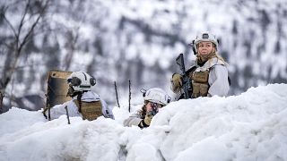 Soldados noruegos participan en los ejercicios militares Nordic Response de la OTAN en las afueras de Alta, Noruega.