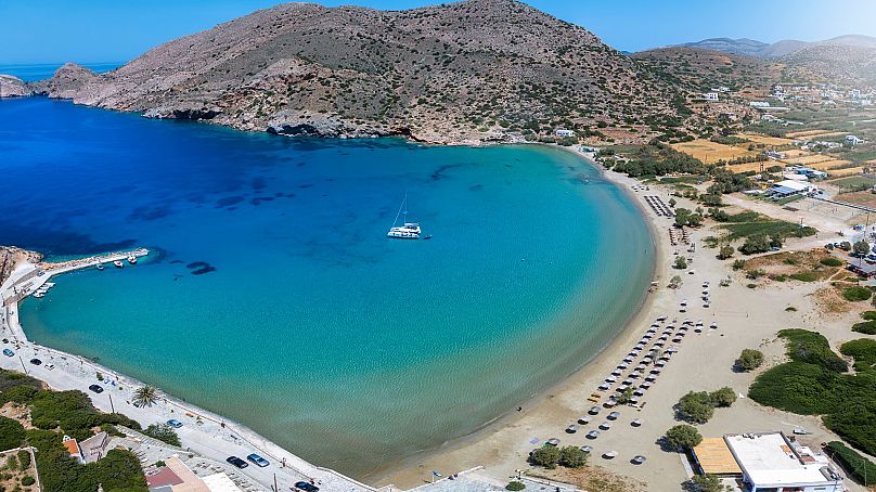 Galissas beach on the west coast of Syros island, Greece.