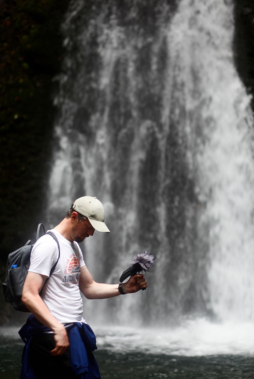 Cities and Memory creator Stuart Fowkes recording sound at Azores waterfall