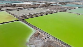 Brine evaporates in pools at the lithium extraction plant facilities of the SQM Lithium company near Peine, Chile, Tuesday, April 18, 2023.