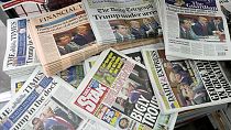 A selection of UK national newspapers displayed in a newsstand in London. April 5, 2023.