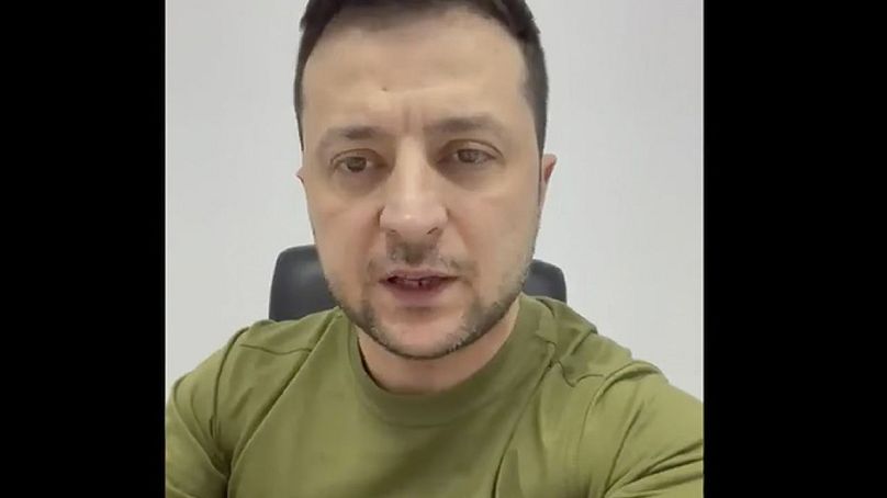 In this March 6, 2022, image from video provided by the Ukrainian Presidential Press Office, Ukrainian President Volodymyr Zelenskyy speaks in video in Kyiv.