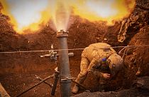 Ukrainian servicemen of the 28th Separate Mechanised Brigade fires a 122mm mortar towards Russian positions at the front line, near Bakhmut, Donetsk region, Ukraine, 3/3/24.