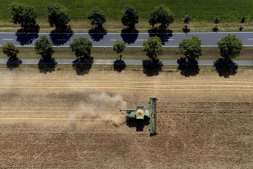 A farmer harvests a grain field near Wernigerode, Germany.
