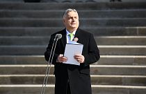 Orbán Viktor miniszterelnök az 1848/49-es forradalom és szabadságharc 176. évfordulója alkalmából tartott állami díszünnepségen a Múzeumkertben 2024. március 15-én 