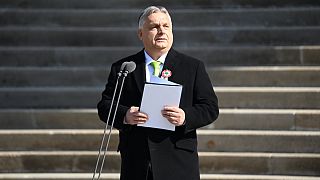 Orbán Viktor miniszterelnök az 1848/49-es forradalom és szabadságharc 176. évfordulója alkalmából tartott állami díszünnepségen a Múzeumkertben 2024. március 15-én 