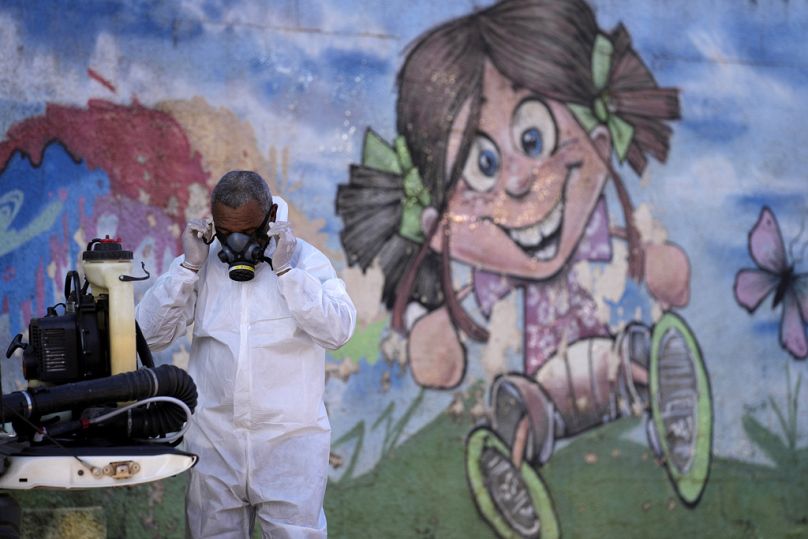 Bir kamu sağlık çalışanı, Brezilya'nın Sao Sebastiao mahallesinde dang hastalığına yol açan sivrisineklere karşı yürütülen kampanya kapsamında bir devlet okulunu ilaçlıyor