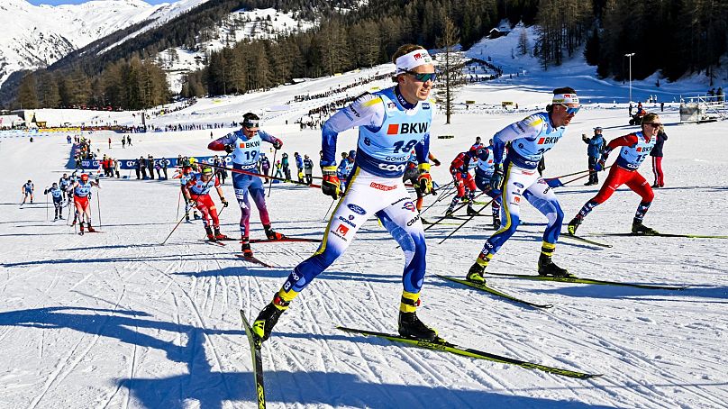 An action shot from the FIS Cross-Country World Cup at the Nordic Center Goms, in Geschinen, Switzerland, January 2024.