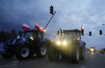 Agricoltori polacchi bloccano con i trattori un'importante strada vicino a Varsavia, durante una protesta a Lomianki (6 marzo 2024)