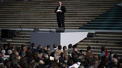 Hungarian Prime Minister Viktor Orban gives a speech on the steps of the National Museum in Budapest, Hungary, on March 15, 2024.