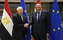 Der Leiter der Außenpolitik der Europäischen Union, Josep Borrell, schüttelt dem ägyptischen Außenminister Sameh Shoukry in Brüssel im Januar 2024 die Hand.