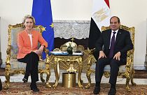 Egyptian President Abdel-Fattah el-Sissi, right, meets European Commission president Ursula Von der Leyen, at the Presidential Palace in Cairo