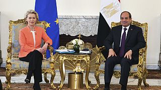 Egyptian President Abdel-Fattah el-Sissi, right, meets European Commission president Ursula Von der Leyen, at the Presidential Palace in Cairo