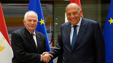 جوزپ بورل، مسئول سیاست خارجی اتحادیه اروپا، سمت چپ، با سامح شکری، وزیر امور خارجه مصر