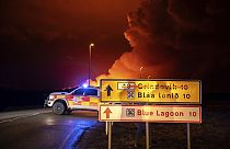 An emergency vehicle is stationed on a road leading to volcanic activity between Hagafell and Stóri-Skógfell, Iceland, on Saturday, March 16, 2024. 