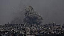 Smoke and explosions rise inside the Gaza Strip, as seen from southern Israel, Sunday, Sunday, March 17, 2024.