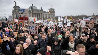 اعتراض به رویکردهای راست افراطی و حزب آلترناتیو برای آلمان در مقابل ساختمان پارلمان آلمان در برلین به تاریخ سوم فوریه ۲۰۲۴