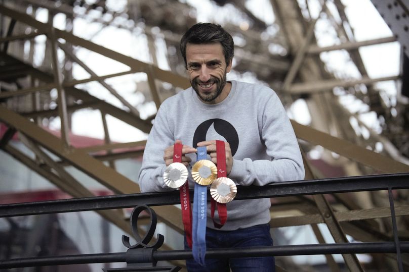 Paris 2024 Olympics Organizing Committee President Tony Estanguet presents the Paris 2024 Olympic and Paralympic medals at the Eiffel Tower, in Paris, February 2024